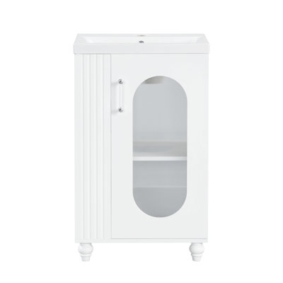 Meuble-lavabo de 20 po avec lavabo, meuble-lavabo avec tablette à deux niveaux, tablette réglable, bois massif et panneau de fibres à densité moyenne