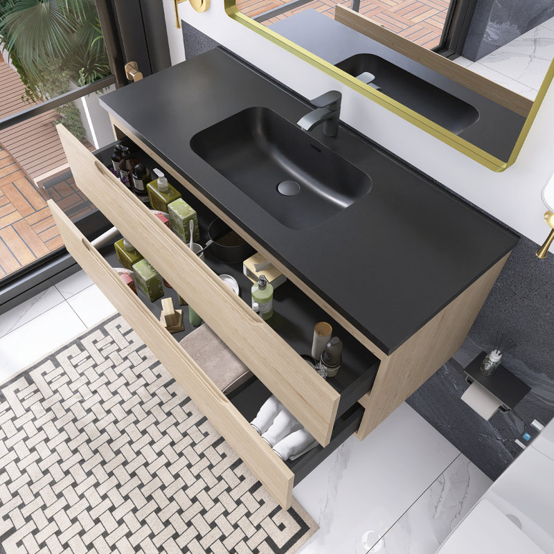 Meuble-lavabo mural simple 48 po avec lavabo en quartz noir
