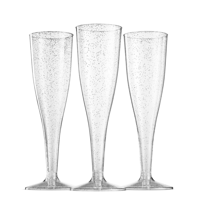 Plastic Disposable Champagne Flute Silver Glitter