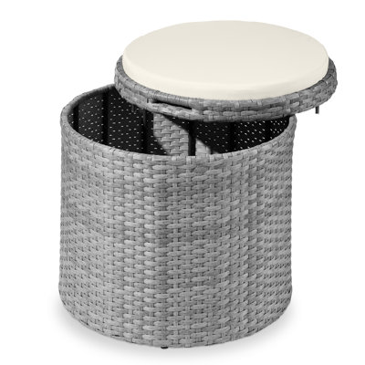  Round Wicker Ottoman, Multipurpose Furniture W/ Removable Cushion, Steel Frame - Gray/Cream