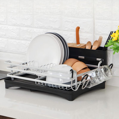 Égouttoir à vaisselle en aluminium, égouttoir à vaisselle pour comptoir de cuisine, égouttoir à vaisselle avec porte-couverts amovible et porte-gobelet, égouttoir à bec pivotant à 360 ° Unique (argent)