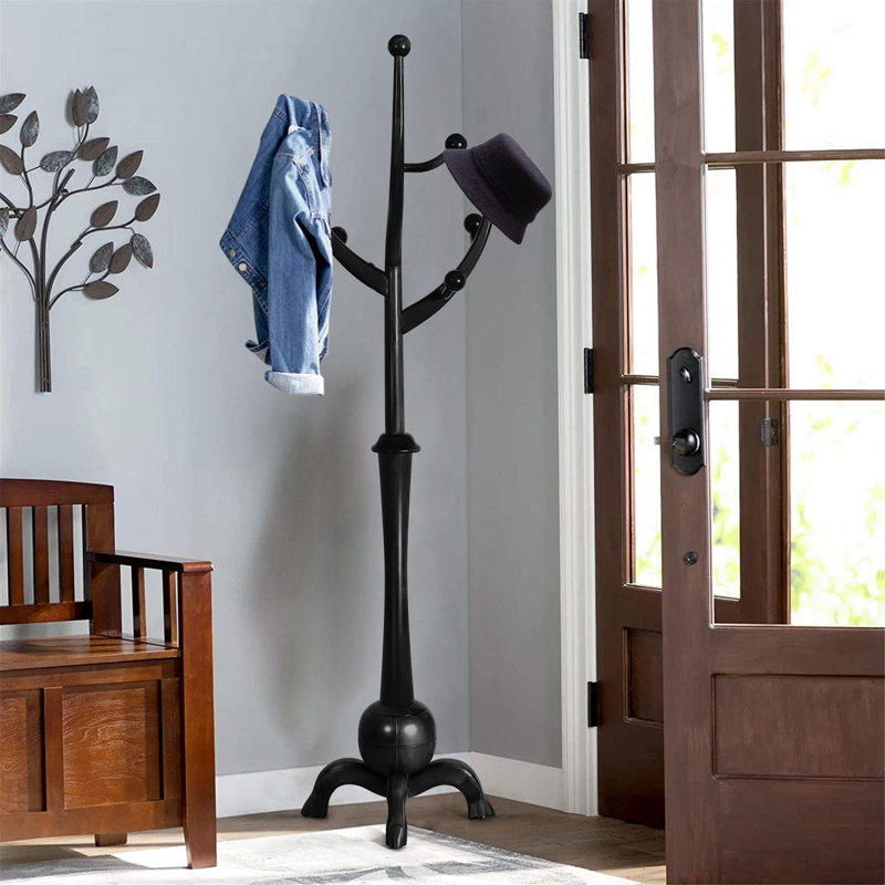 Black Rubber Wood Freestanding Coat Rack with 8 Hooks