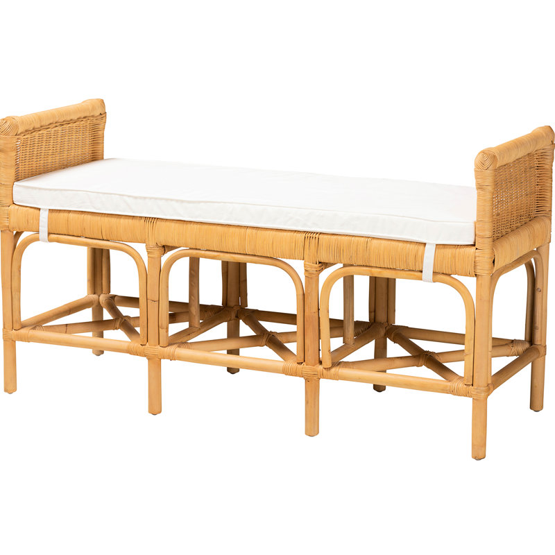 Banc moderne de style bohème moderne, bordures surélevées, une tablette ouverte, coussin rembourré en tissu rembourré en mousse amovible, ornements tissés, brun et blanc, largeur 48 po, profondeur 17,5 po, hauteur 26 po, style 23 lb