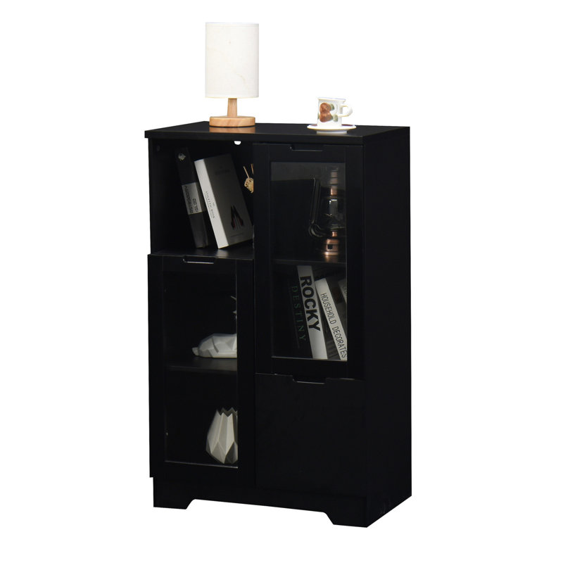 Wooden Floor Cabinet with 2 Glass Doors and 2 Storage Spac, Black