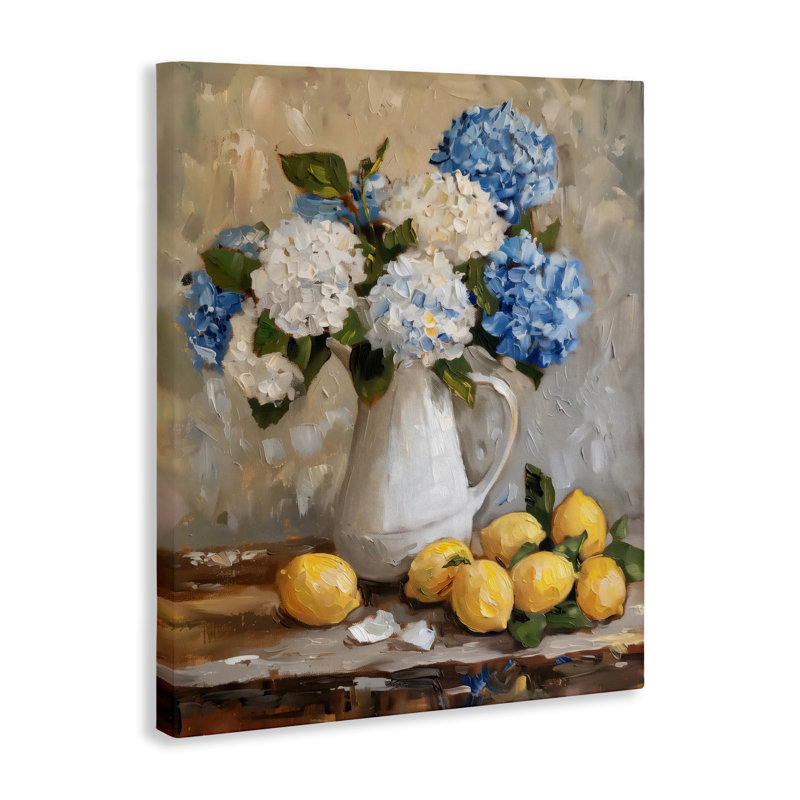 Hortensias et agrumes, toile de nature morte, design par LSR Creative Studio, H 20 po x l 16 po