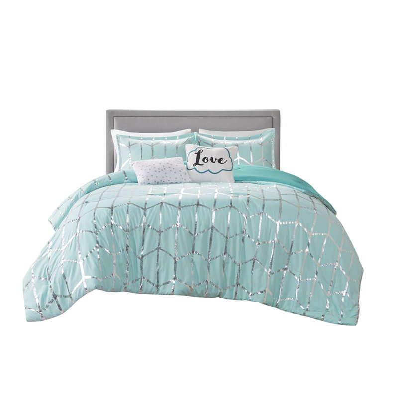 Ensemble d'édredon double / grand imprimé métallique, Aqua / argenté, Édredon de grand lit + 4 pièces additionnelles