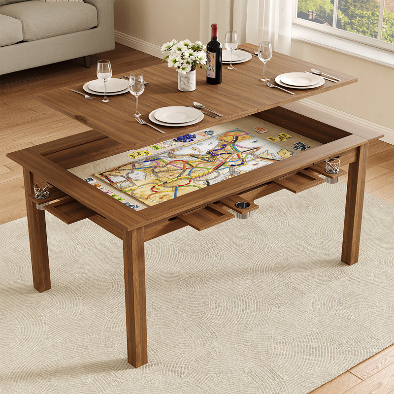 Table de jeu de société pour 4 à 6 joueurs, table de salle à manger et de jeu pour adultes avec plateau amovible, porte-gobelets, HobbyTrays