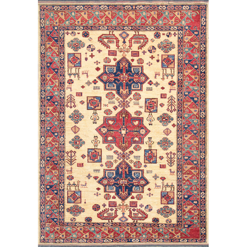 Tapis unique rouge, brun et ivoire 6 pi 1 po x 8 pi 9 po Kazak