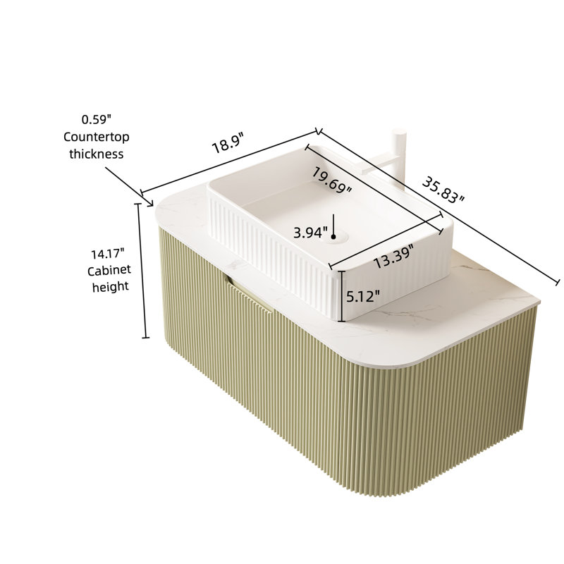 Meuble-lavabo de 36 po avec rangement mural, bords arrondis, lavabo en céramique blanche, finition rayée 3D, armoire en contreplaqué, tiroir à fermeture en douceur, pré-assemblé, conception flottante sans robinet, couleur rectangulaire,