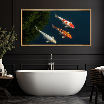 Colorful Koi Fish in Pond Framed Canvas Wall Art - Tranquil Aquatic Nature Photography for Zen or Coastal Interiors