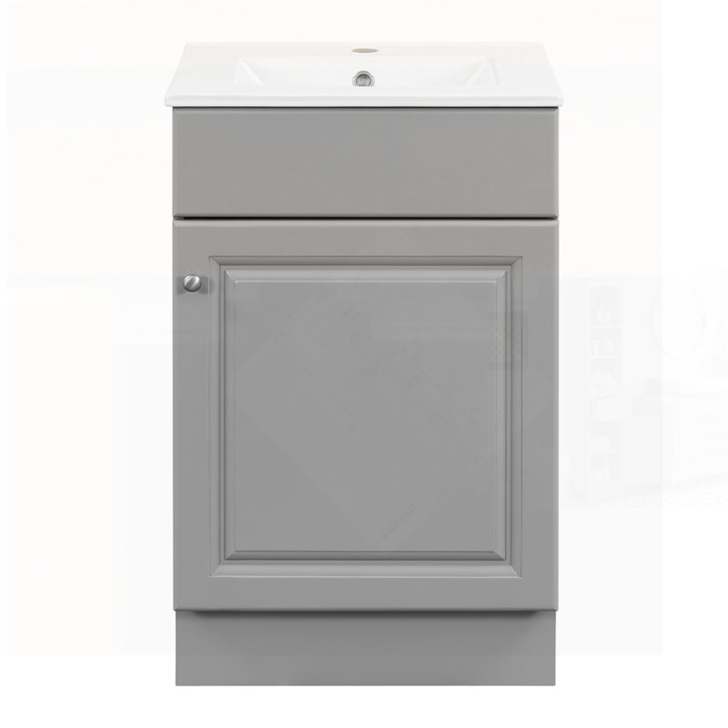 Meuble-lavabo gris élégant avec lavabo, porte d'armoire et tablettes réglables pour un rangement amélioré et une esthétique moderne