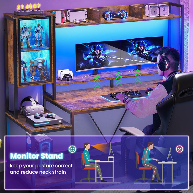 Gaming Desk With Led Lights & Power Outlets, Computer Desk With Hutch, Home Office Desk With Monitor Stand, Display Cabinet, Hooks & Cpu Stand