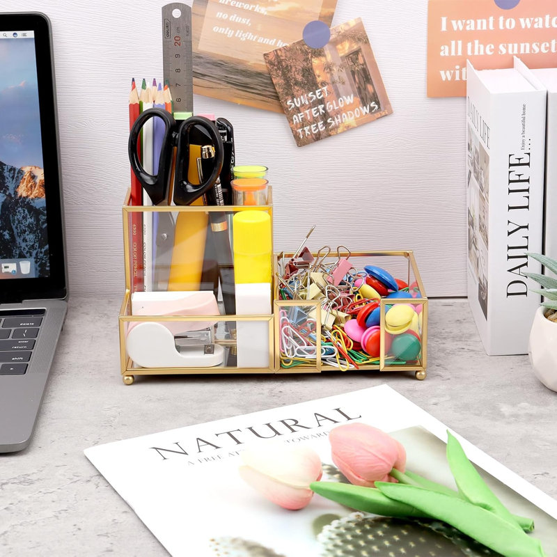 Organisateur de bureau avec 3 compartiments, petit organisateur de bureau en verre pour stylos, crayons, cartes de visite, trombones, trombones, stylo or pour bureau