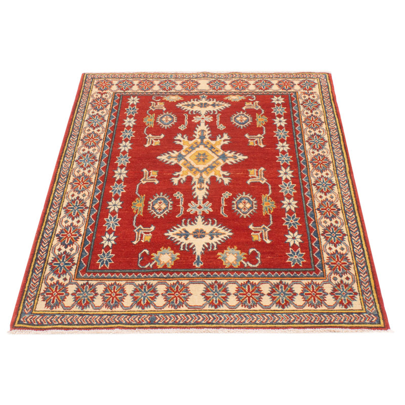 Tapis rouge en laine noué à la main de conception unique 4 pi 0 po x 5 pi 7 po New Age Finest Ghazni