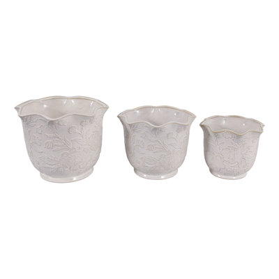 Modern Ruffle  Edged Ceramic Outdoor Planters Set for Patio Styling - Indoor Flower Pots for Living Room and Home Decor - Set of 3, 11", 9", 8"