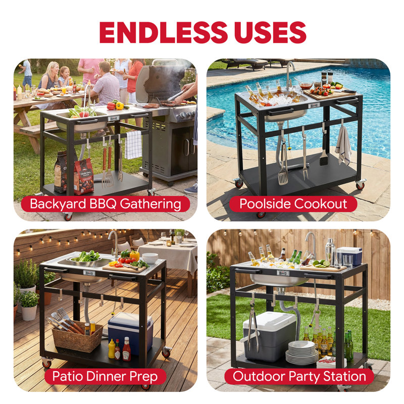 Feasto Outdoor Kitchen Series 35" Stainless Steel Grill Cart with Sink, Outdoor Freestanding Kitchen Sink Station with Wheels