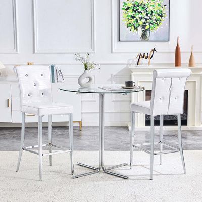 Ensemble de salle à manger moderne à hauteur de bar 3 pièces, table ronde en verre transparent avec base en métal et 2 tabourets de bar rembourrés à motif crocodile, ensemble de coin-repas pour îlot de cuisine