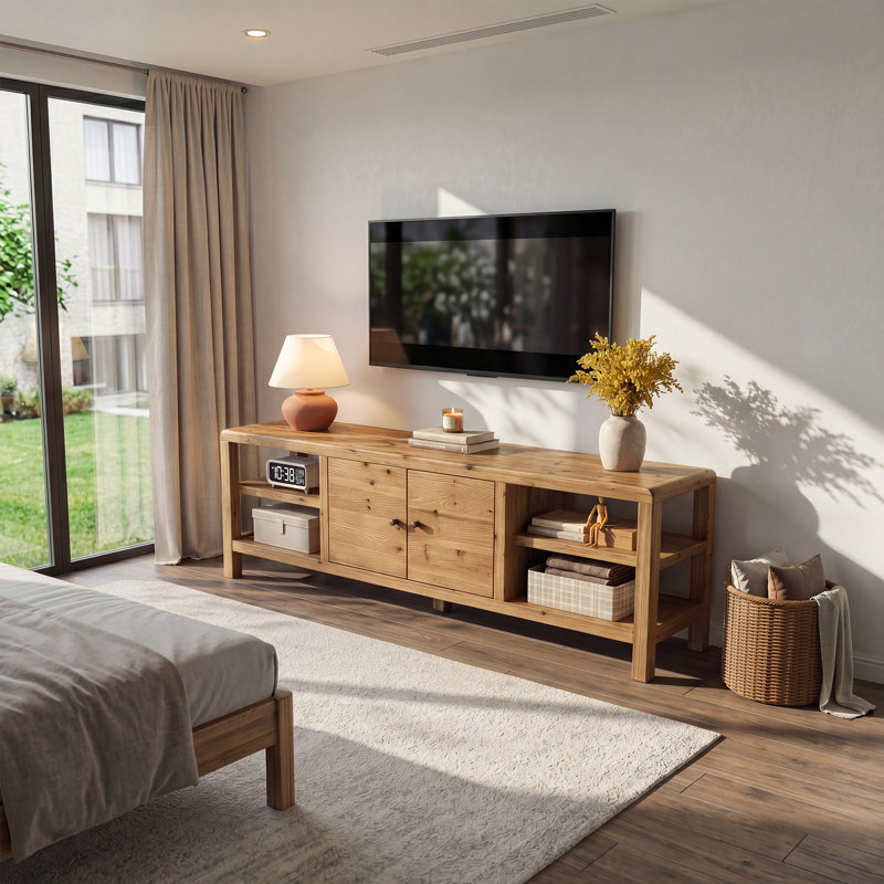 Meuble télé 71 po en bois massif avec tablettes ouvertes, centre de divertissement rustique pour salon, brun naturel