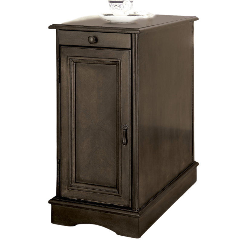 Table d'appoint transitionnelle grise avec porte-gobelet coulissant, port intégré et d'alimentation, armoire de rangement pour magazines, quai de profondeur de 24 pouces, armoire de support, hauteur