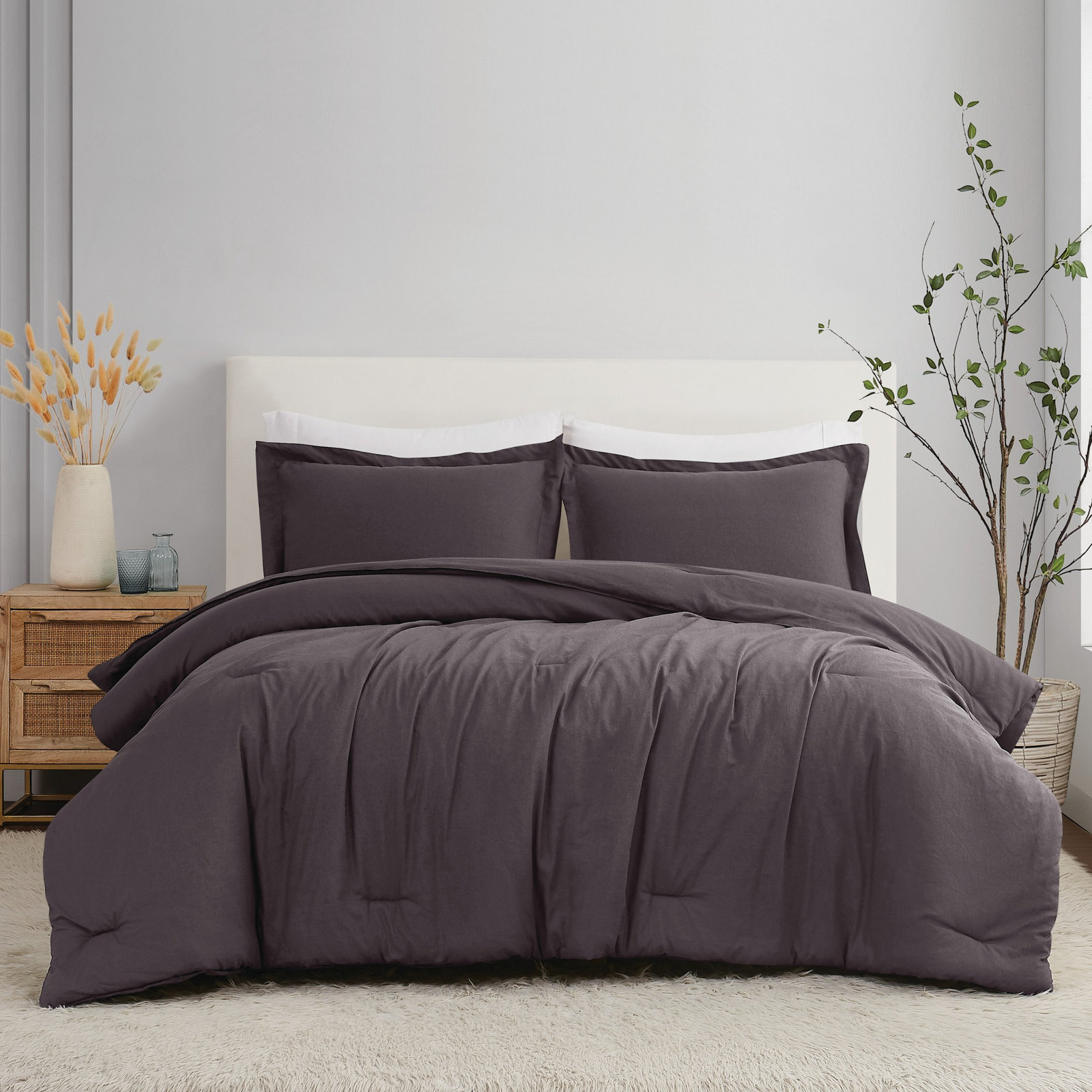 Nena Linen Bedding Set, Charcoal , Queen Comforter + 2 Standard Shams