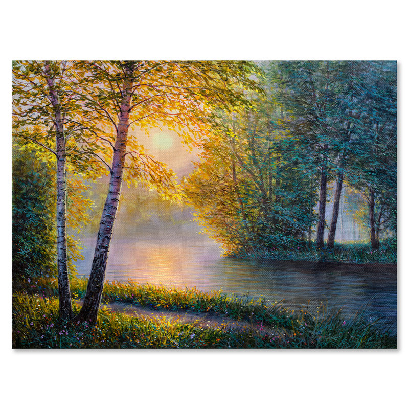 «Morning Summer With Beautiful River Spring Forest», peinture sur toile, Toile tendue, H 16 po x l 32 po x p 1 po