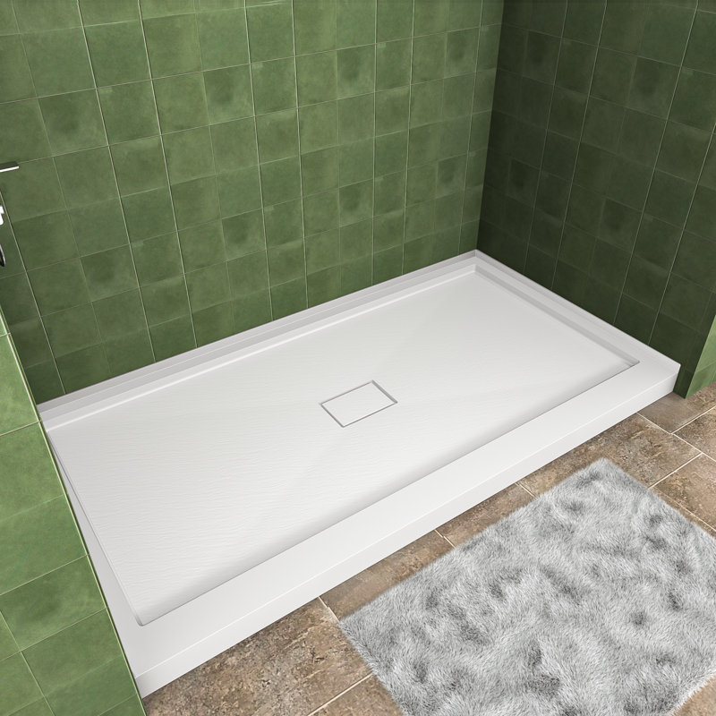 60" W x 30" D Solid Surface Single Threshold Shower Pan Base with Drain Cover Included, Textured Surface Slip-Resistant Shower Base Pan, White, Center Drain