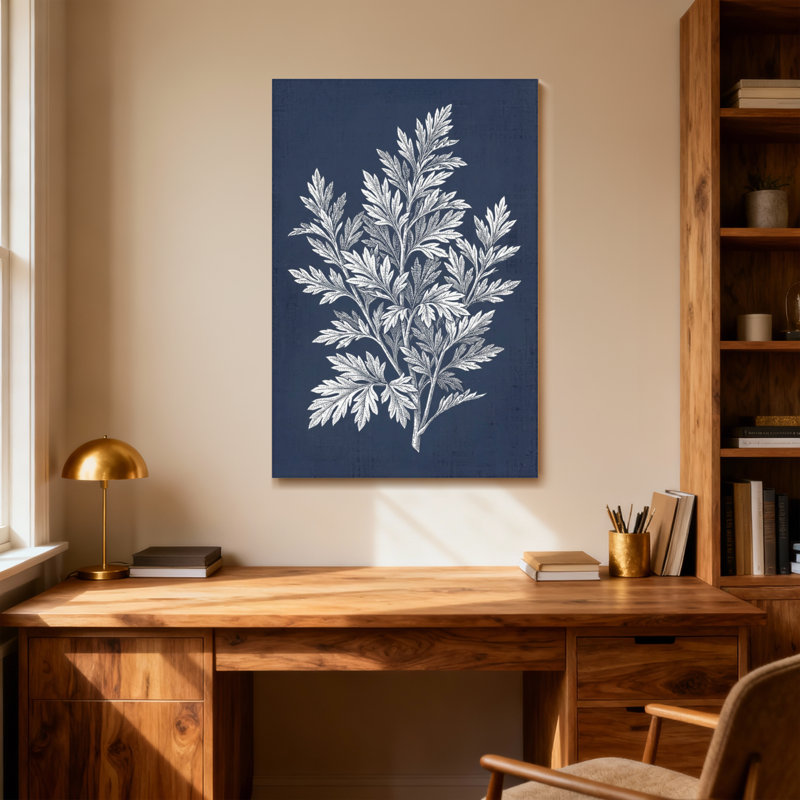 Plantes et fleurs, fougère argentée sur fond bleu marine, H 24 po x l 16 po