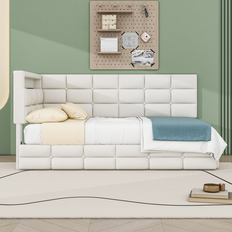 Twin Linen Upholstered Daybed with Built-in Charging Station, LED Lighting and Storage Drawers, Beige