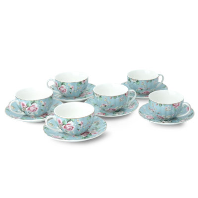 6-Piece 7oz Floral Porcelain Tea Set, Gold Trim Tea Cups and Saucers, Dishwasher & Freezer Safe for Party Wedding Mother's Day Gift