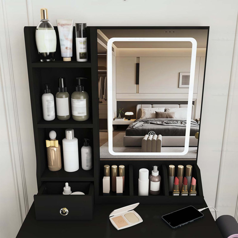 Petit meuble-lavabo moderne avec 3 modes d'éclairage DEL, une luminosité réglable, 3 tiroirs et plusieurs tablettes ouvertes, y compris un support pour sèche-cheveux et une prise de courant, et une chaise à coiffer