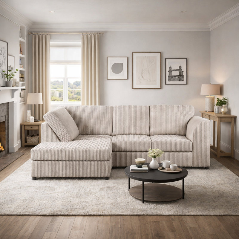 4 Seater Corduroy Corner Sofa , Cream, Left Hand Facing