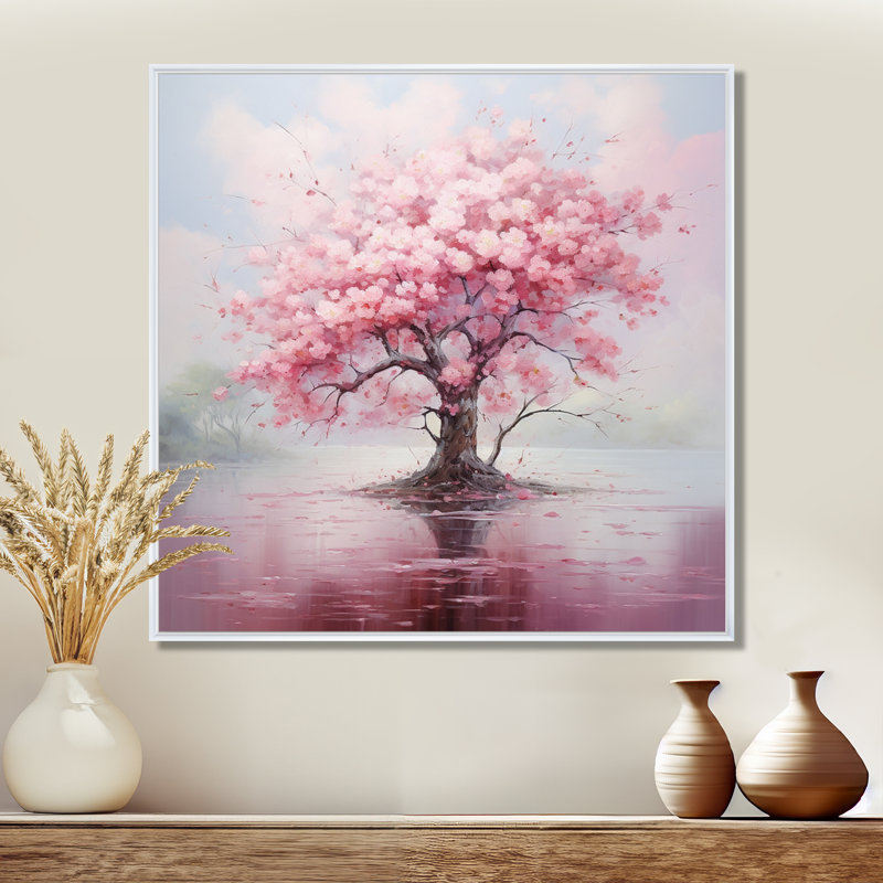 Impression romantique de fleur de cerisier rose III - fleur de cerisier, H 16 po x l 16 po x P 1 po, Cadre flottant blanc