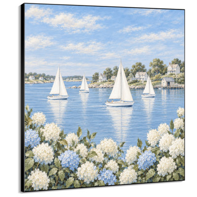 Impression sur tissu grand format - Voiliers côtiers et hortensias bleus et blancs pour salon ou chambre - « Assemblage du cadre requis (cadre non fini) »