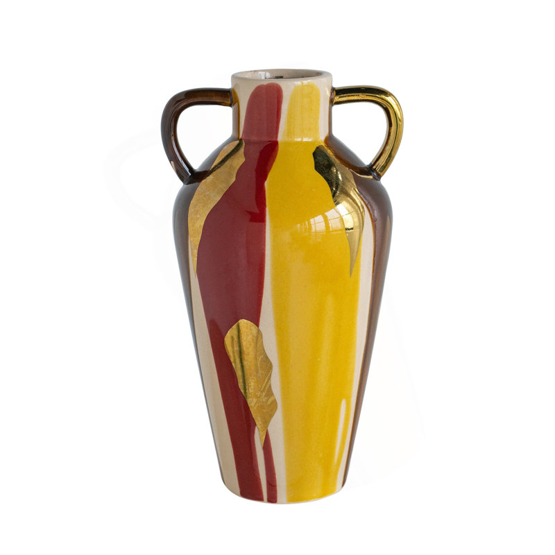 Vase en céramique 7,4 x 6,4 x 12,4 po avec finition abstraite multicolore