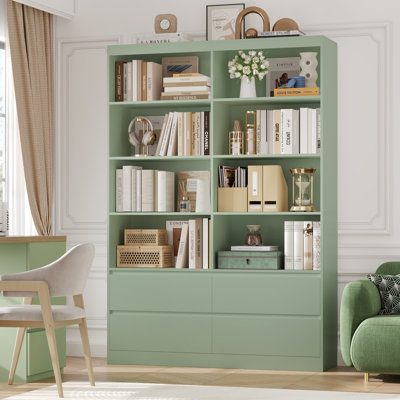 70.9"H X 47.2"W Wood Double 4-Tier Bookcase With 4 Storage Drawers