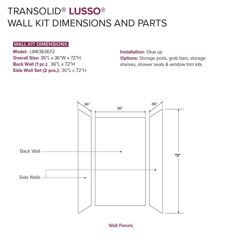 Ensemble de douche mural 3 pièces 36 po x 36 po x 72 po Transoli Lusso, blanc Palladio, H 72 po x l 36 po x P 36 po