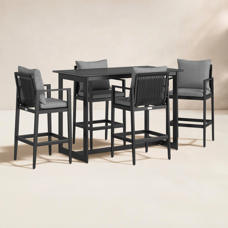 Trosclair 5 Piece Patio Bar Set in Aluminum with Grey Cushions