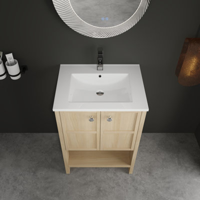 24" Freestanding Bathroom Vanity Whit Ceramic Sink, 2-Soft Closing Door, Oak, Plywood