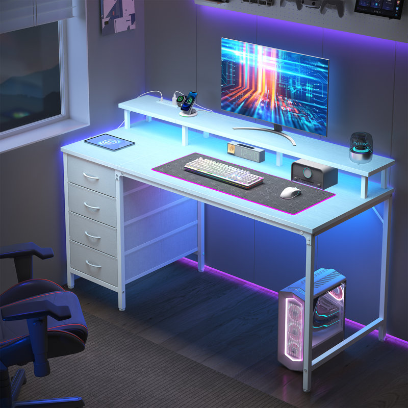 47 Inch White Fixed Home Office Desk, 4 Drawers + Storage Shelf with LED Light & Power Strip, White