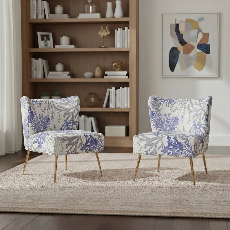 Floral Patterned Armless Wingback Accent Chair (Set of 2), BLUE