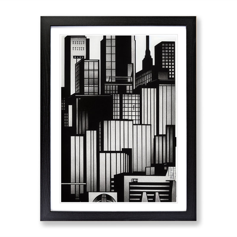 Monochrome City Skyline - Wrapped Canvas Print, 64cm H x 46cm W x 2cm D, Black Framed