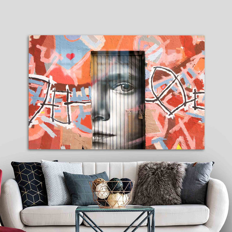 Grand art mural en verre avec art de rue graffiti coloré, idéal pour un café et une maison, H 35,4 po x l 59,1 po