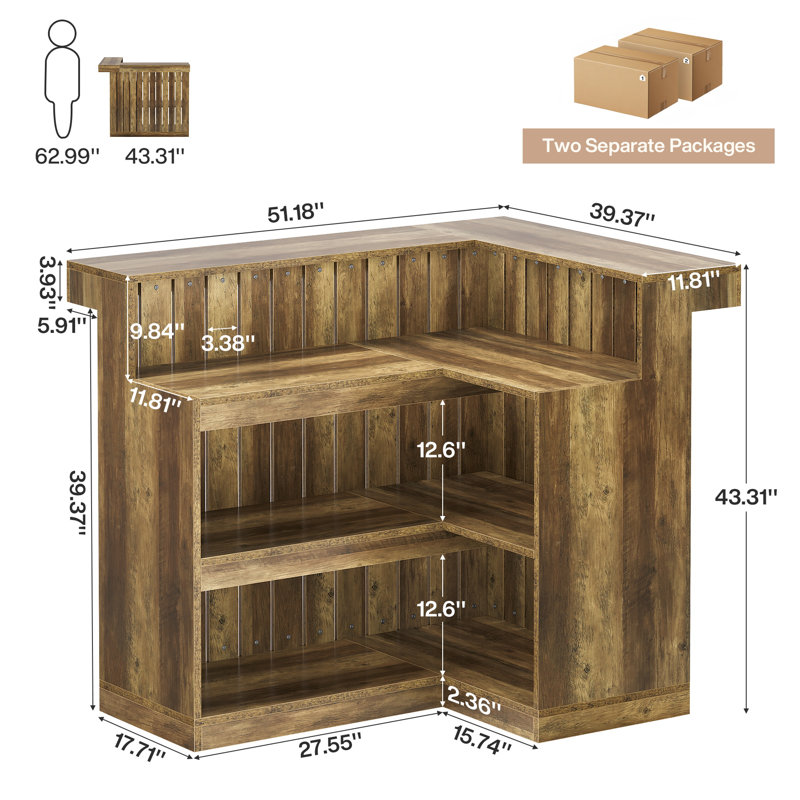 Home Corner Bar Cabinet,L-Shaped Liquor Bar Table, Brown