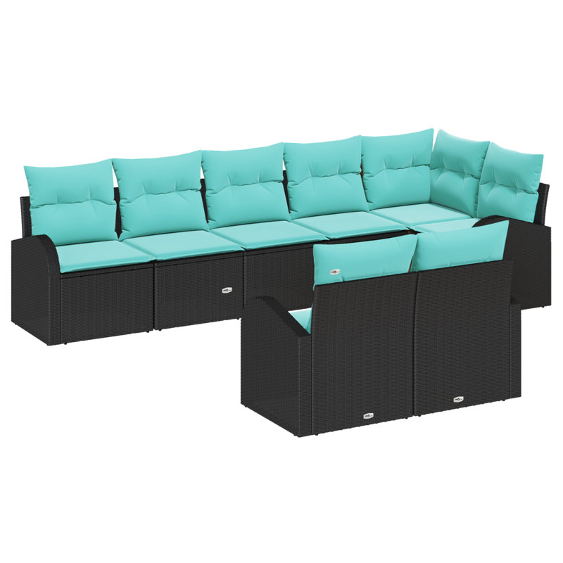 vidaXL Garden Sofa Set Black Poly Rattan, Black Frame/Blue Cushion