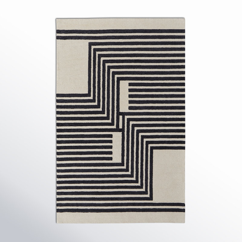 Black and Ivory Geometric Hand-Tufted Wool Rug 8' x 10'