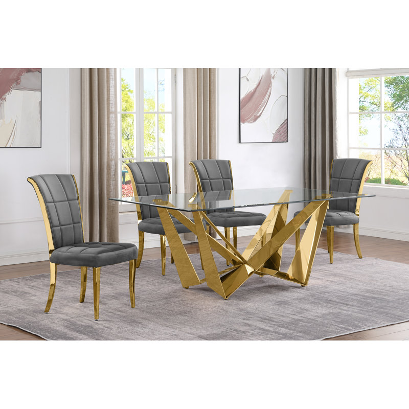 Kennise Glass Top Double Pedestal Dining Set, Grey, 5, Silver