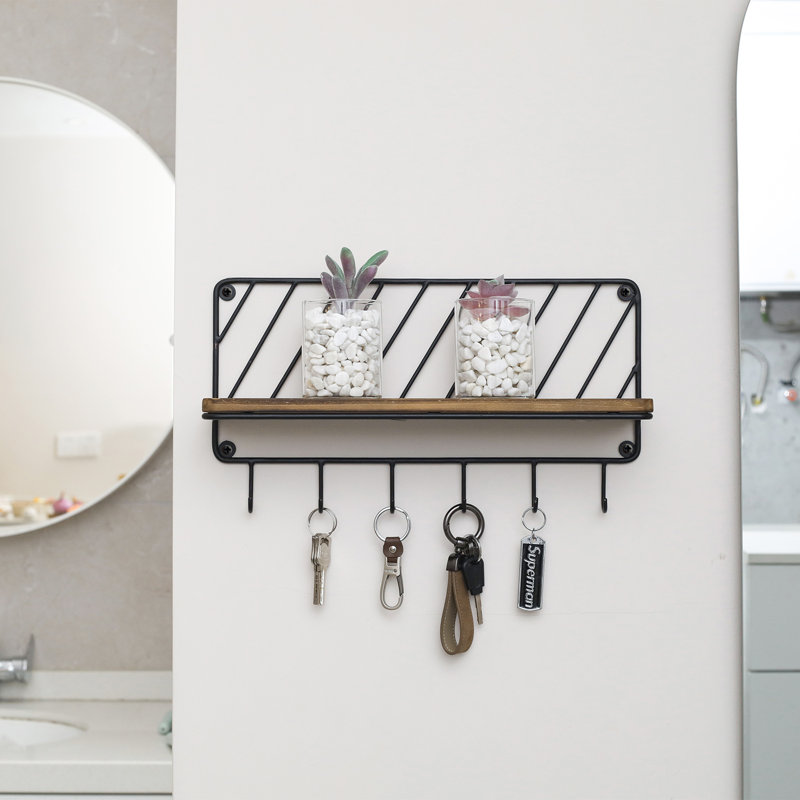 Decorative Urban Wall Floating Shelf with 6 Hooks