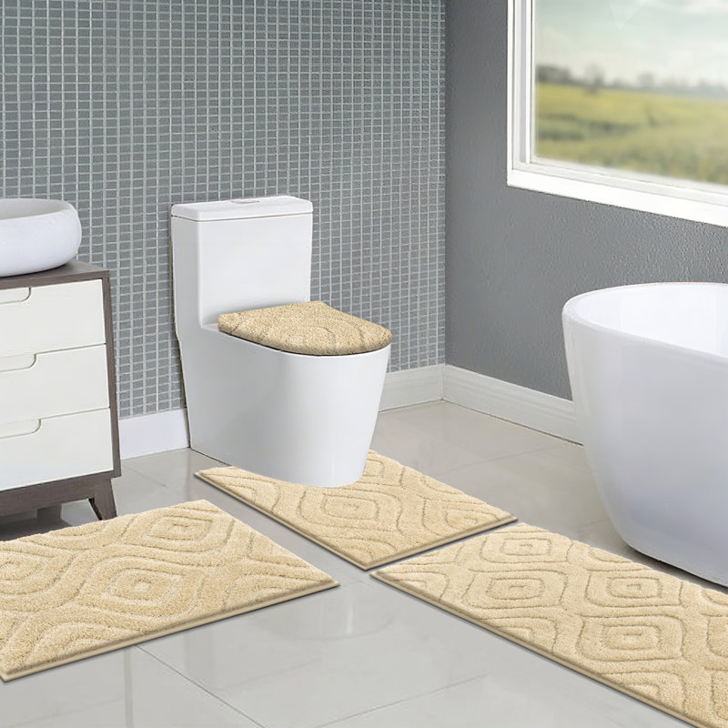 4 Piece Soft Absorbent Microfiber Bath Rug Set With Non-Slip Backing, Beige
