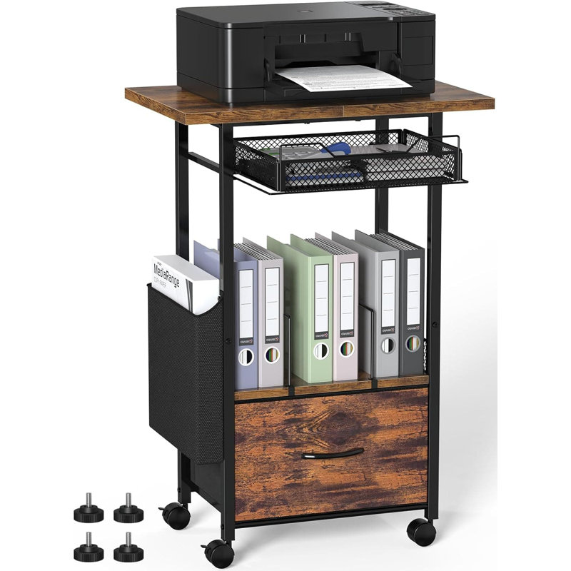 Mobile 3-Tier Printer Stand With Locking Drawer, Extended Desktop & Lockable Wheels, Adjustable Rolling Cart For Home Office Storage And Organization