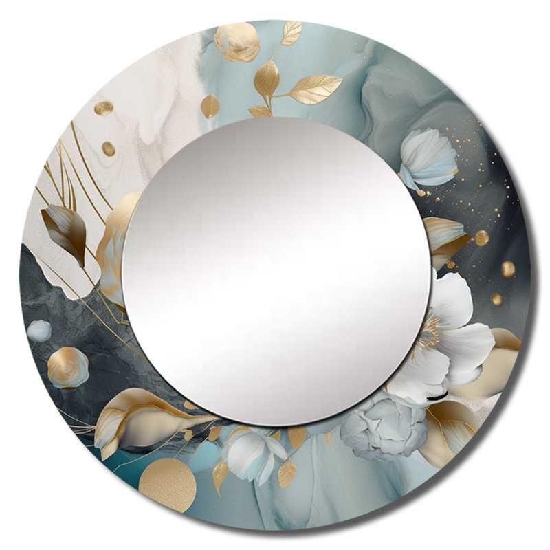 Shimeeka Blue Marble Gold Floral Impressions II - miroir mural décoratif floral, miroir rond traditionnel, impression d'art en métal